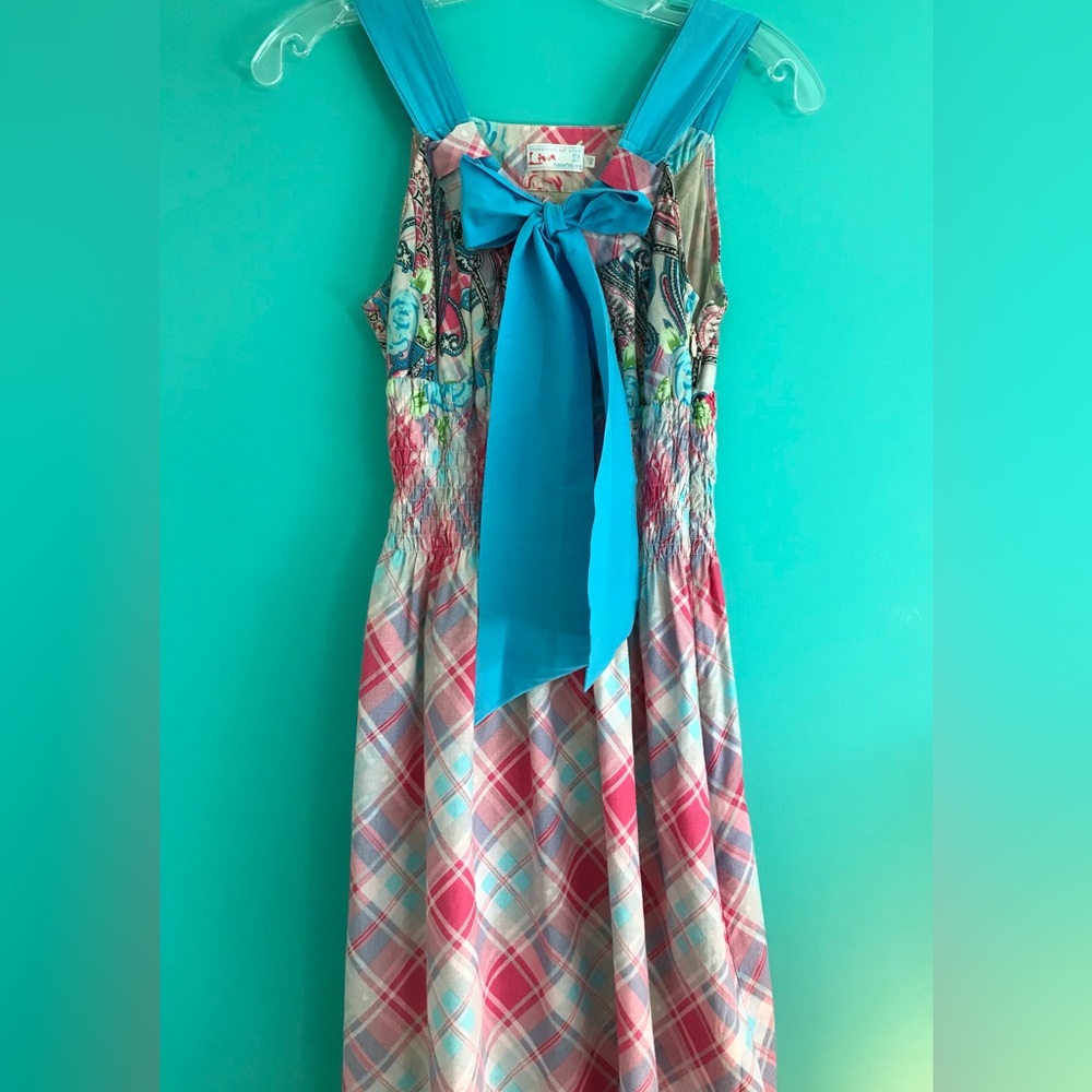 Colorful Off-Shoulder Dress with Blue Bow